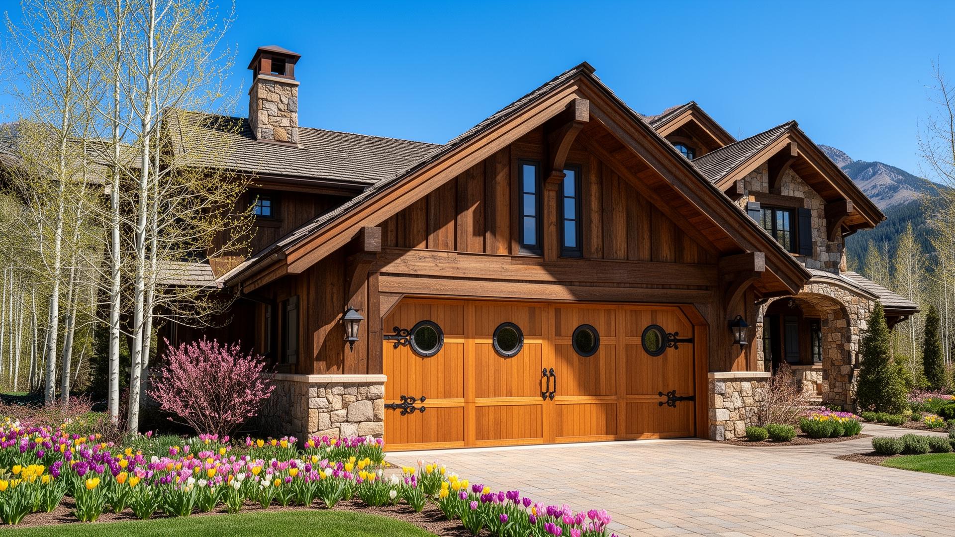 Beautiful mountain lodge home with premium wooden garage doors in Nelson, New Hampshire